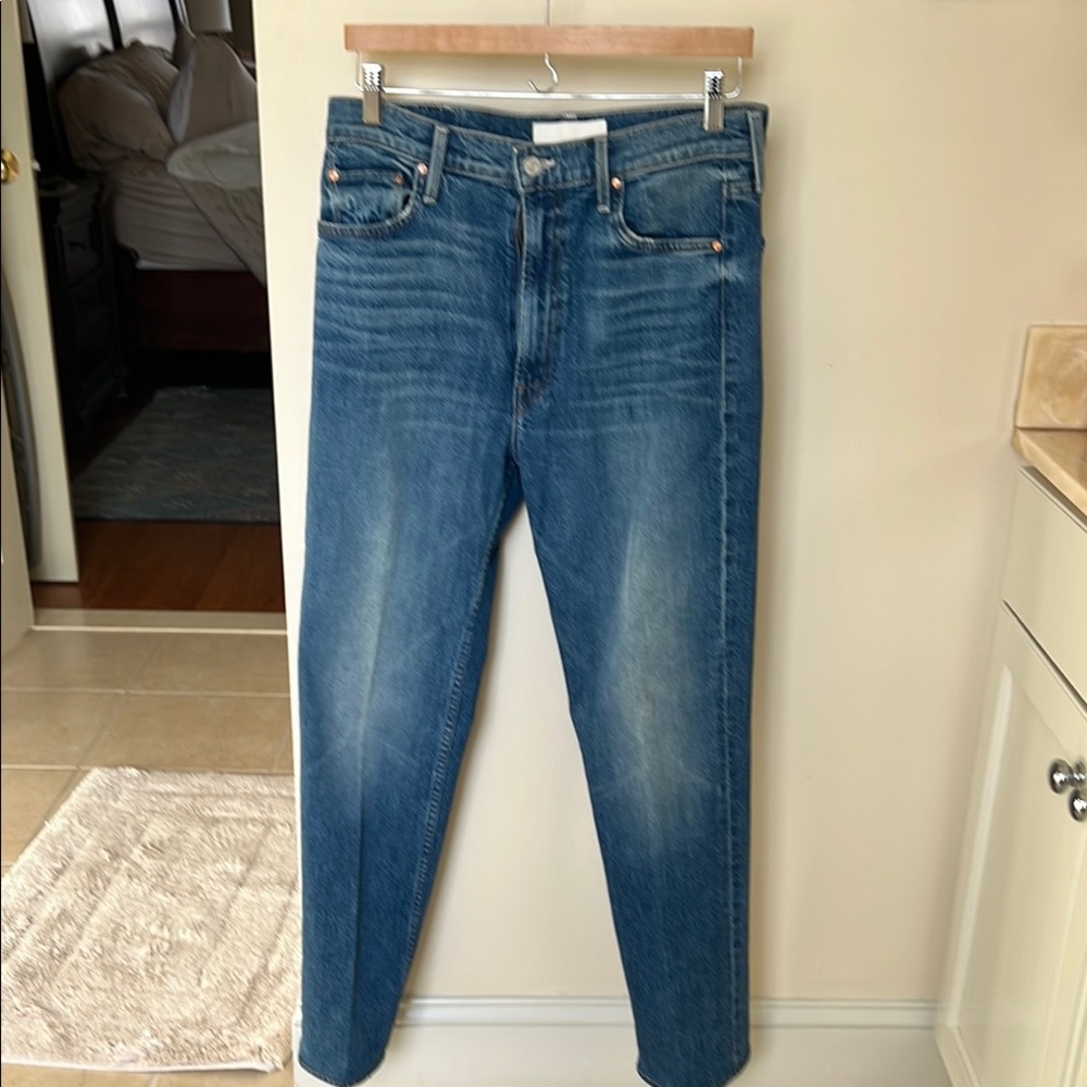 NWOT MOTHER High-Rise Jeans in Medium Blue Denim with Tan Stitching